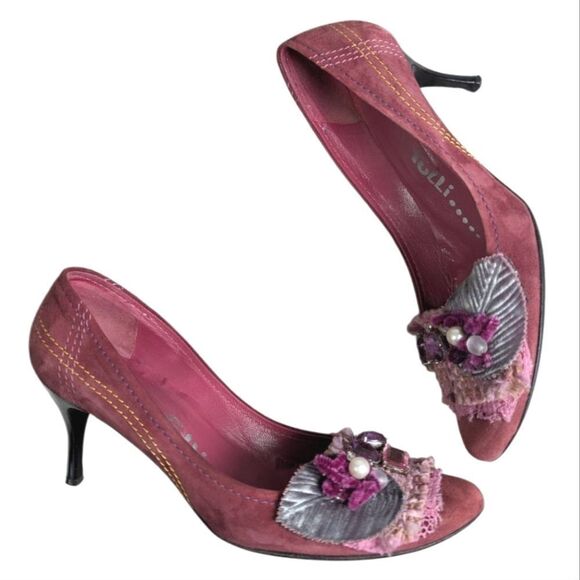 Vintage Edoardo Tulli berry dark pink suede embellished beaded heel 37 EU / 7 US - Picture 1 of 7